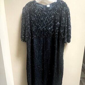 Women's Black Sequence Short Sleeve Silk Dress